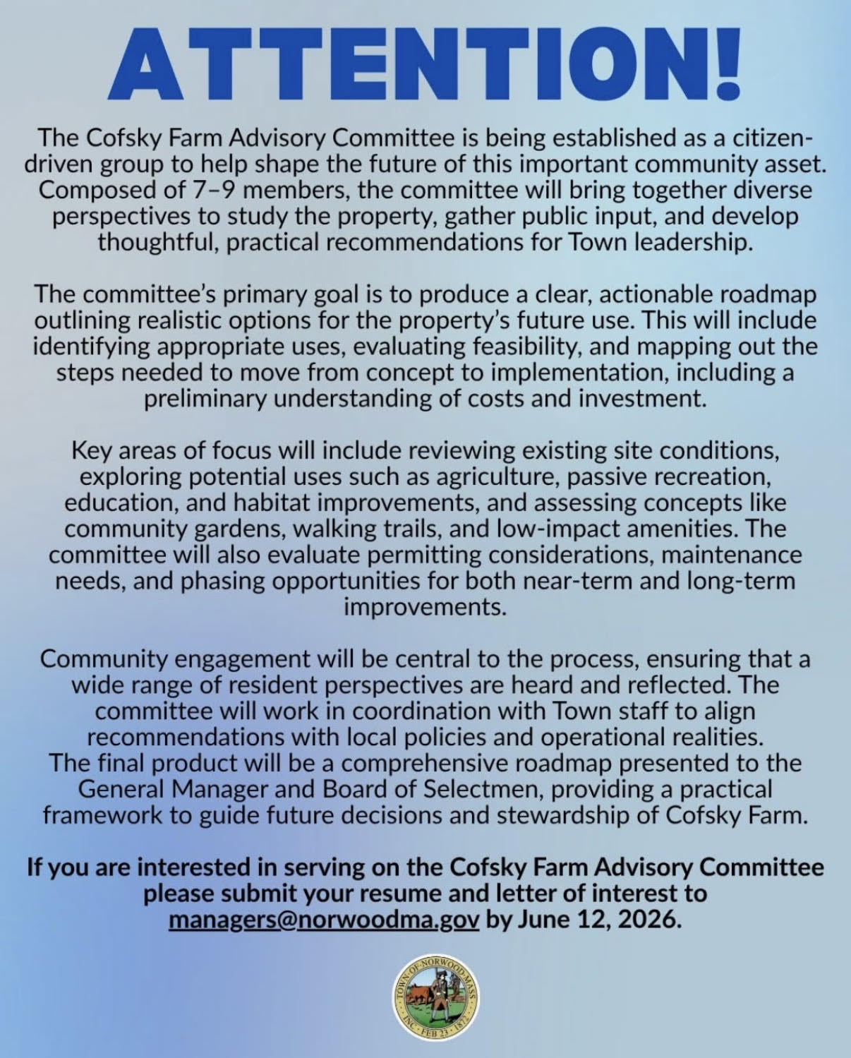 Cofsky Farm Advisory Committee Notice